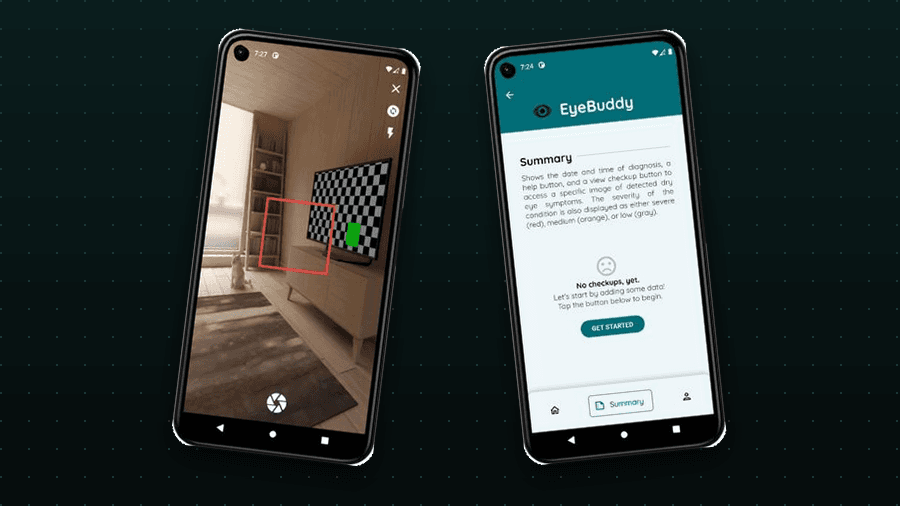 Two EyeBuddy app screens side by side: a dry-eye checkup camera scan and a summary screen