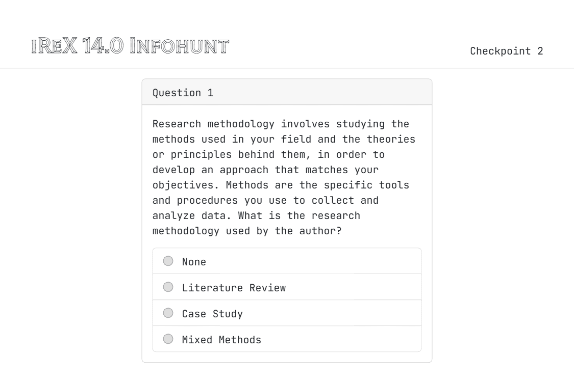 Screenshot of the live Infohunt eQuiz website showing a multiple-choice quiz question