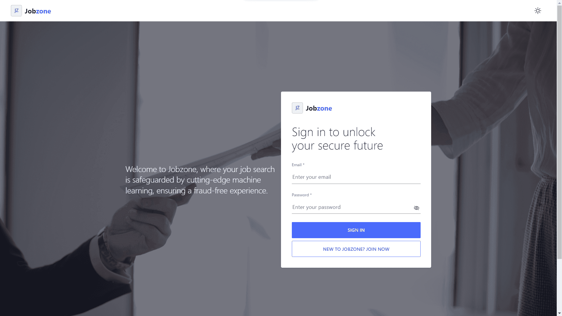 Jobzone sign-in screen with a machine-learning fraud-detection tagline